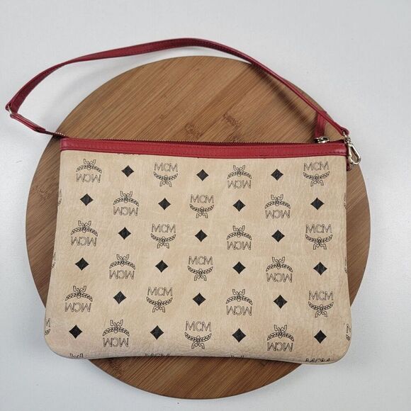 MCM Visetos Original Logo Medium‎ Slim Pouch Crossbody Beige Clutch Bag Purse
